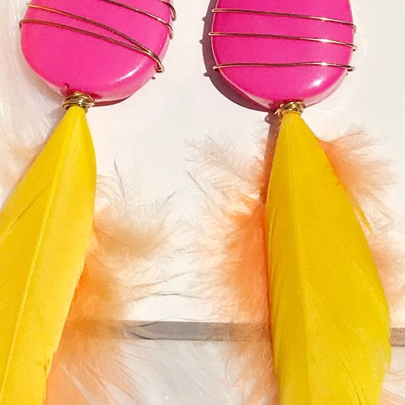 Boho Earrings Feather Tassel Dangles Pink Yellow - Picture 3 of 4